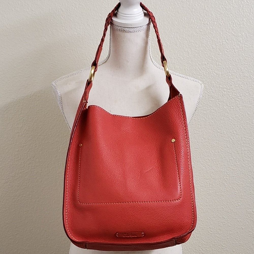 COLE HAAN Red Pebbled Leather Tote Handbag